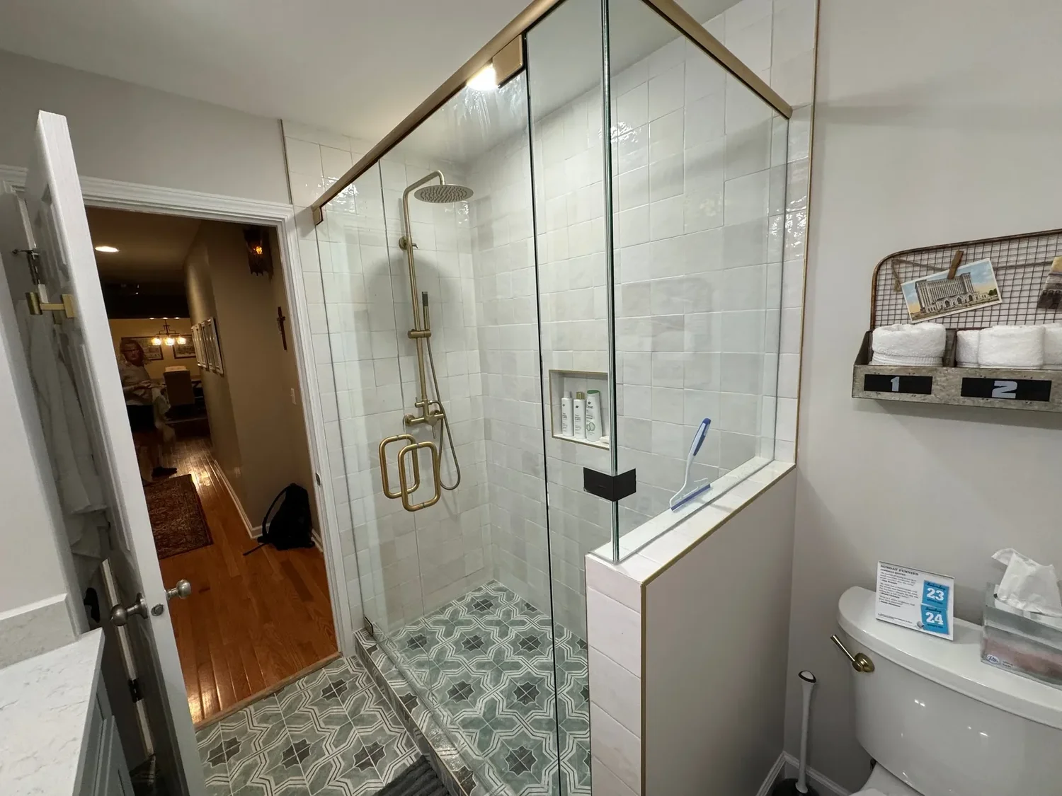 Reformation bathroom project with a glass shower, patterned floor tile and brass-toned fixtures
