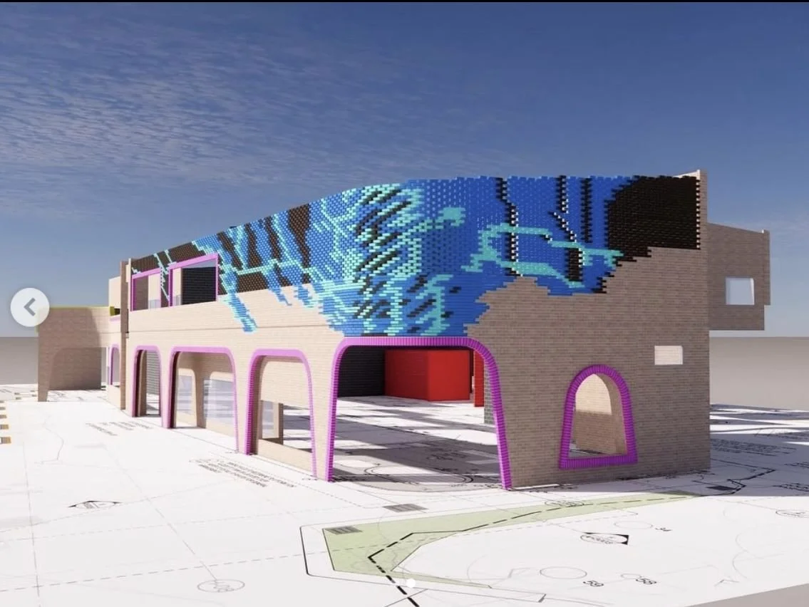 3D model of a building with a feature brick pattern and arched openings