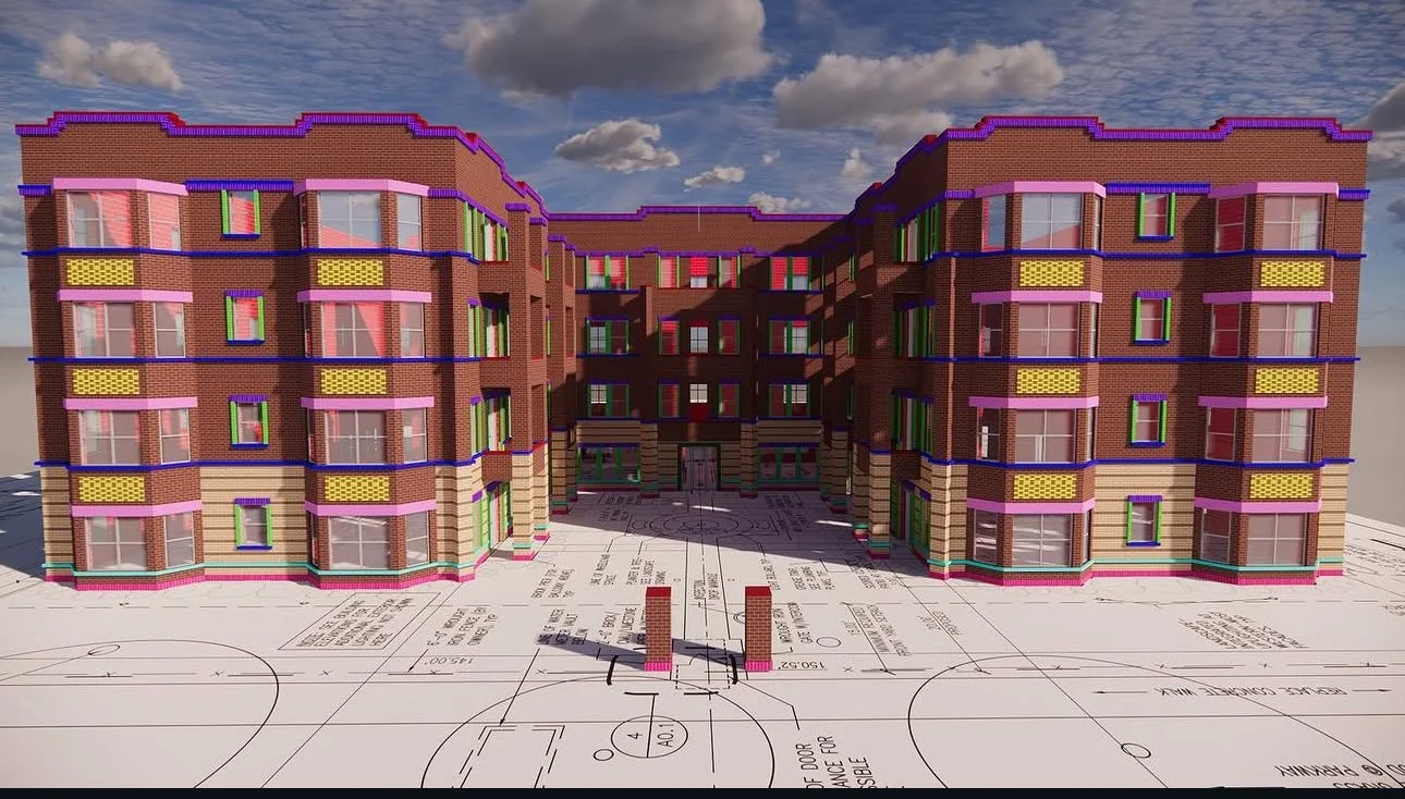 3D masonry model of a four-storey apartment building with every brick type colour-coded, sitting on the architectural plans