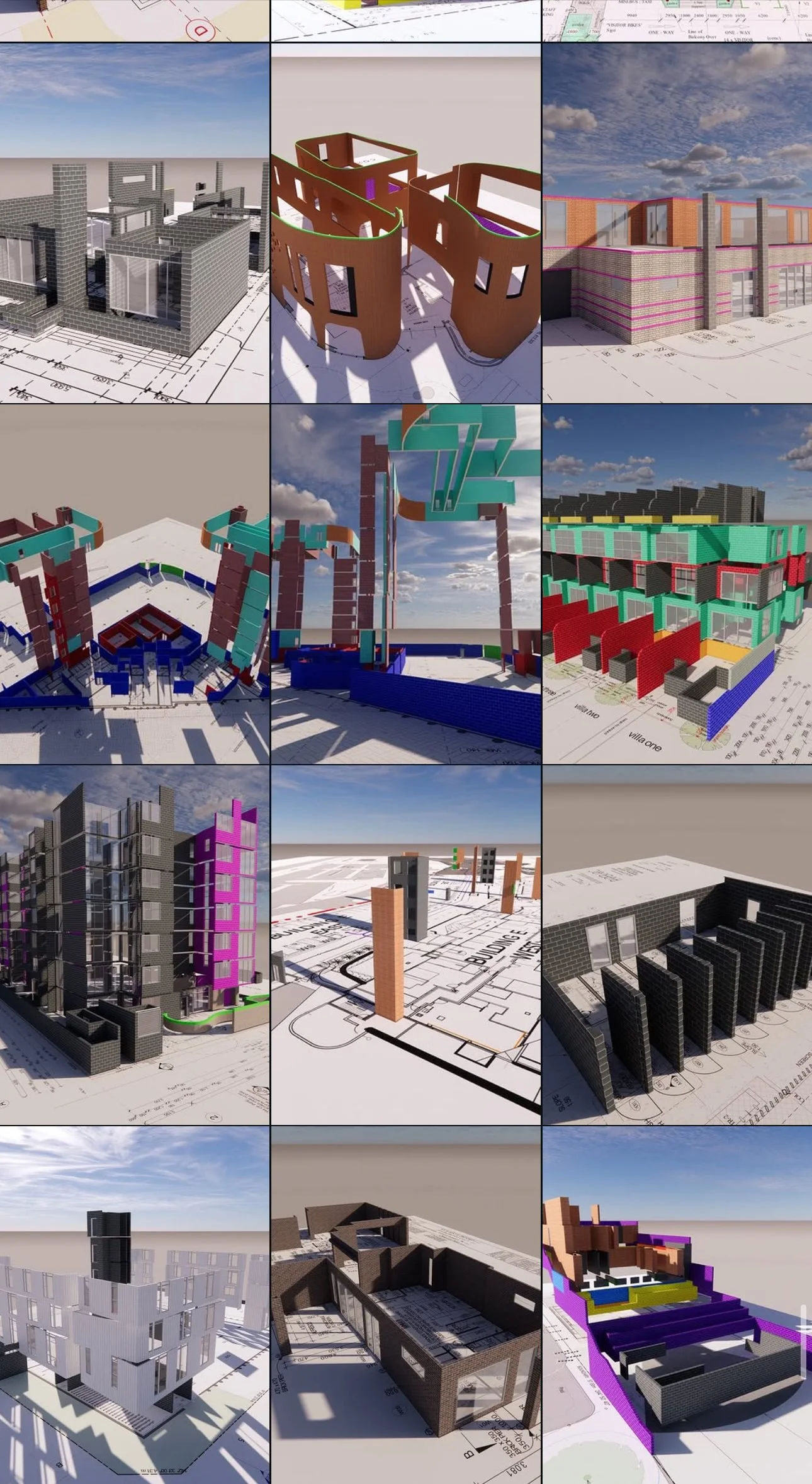 Grid of twelve recent 3D masonry take-off models, from houses to multi-storey buildings