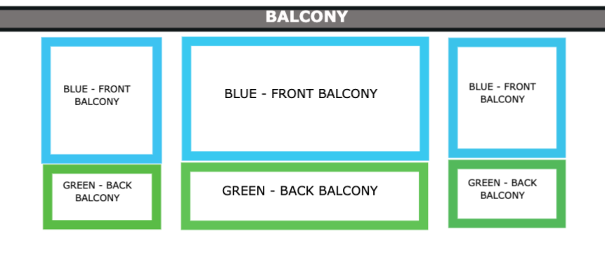 Balcony seating chart: Blue Front Balcony and Green Back Balcony sections, each divided into left, center, and right areas.