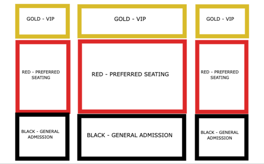 Floor seating chart: Gold VIP, Red Preferred Seating, and Black General Admission areas, arranged across left, center, and right sections.