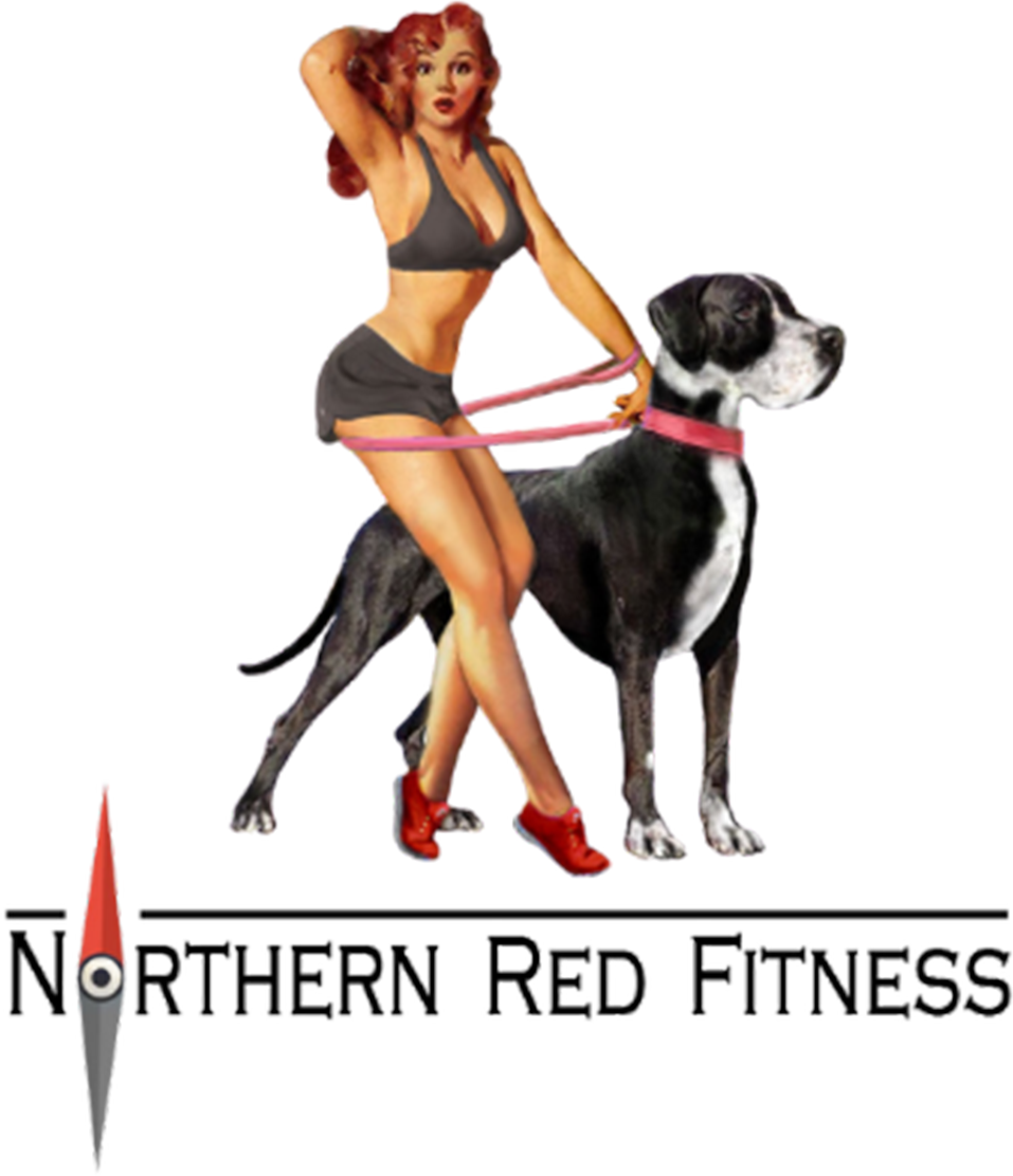 NorthernRed Fitness logo with red-haired woman and Great Dane