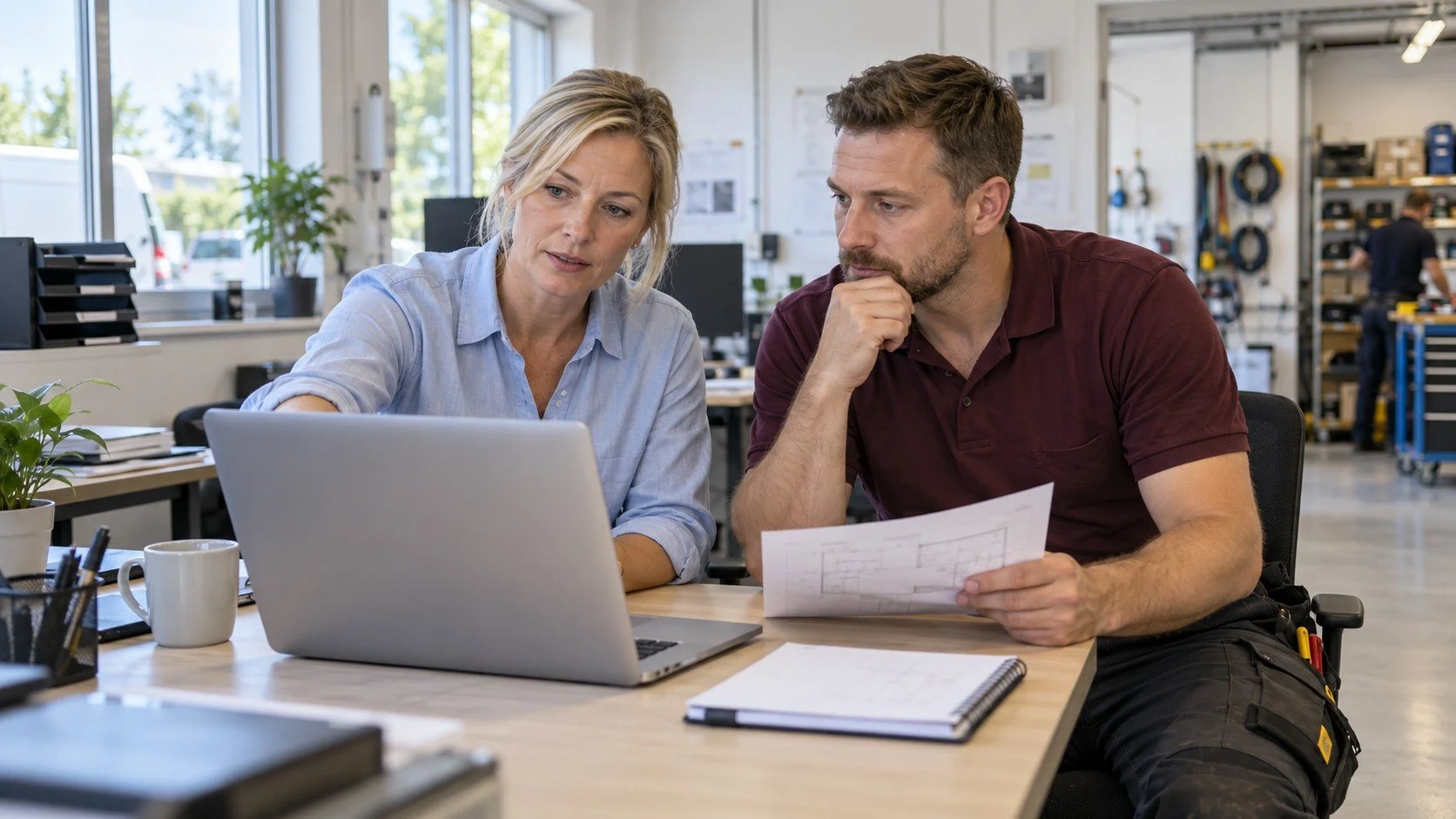 Koordinator och servicetekniker går igenom ett uppdrag på kontoret