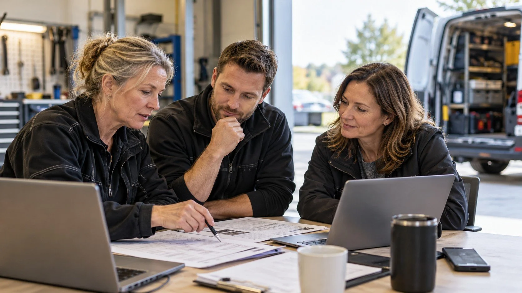 Tekniker, koordinator och chef planerar införandet av ett nytt arbetsordersystem