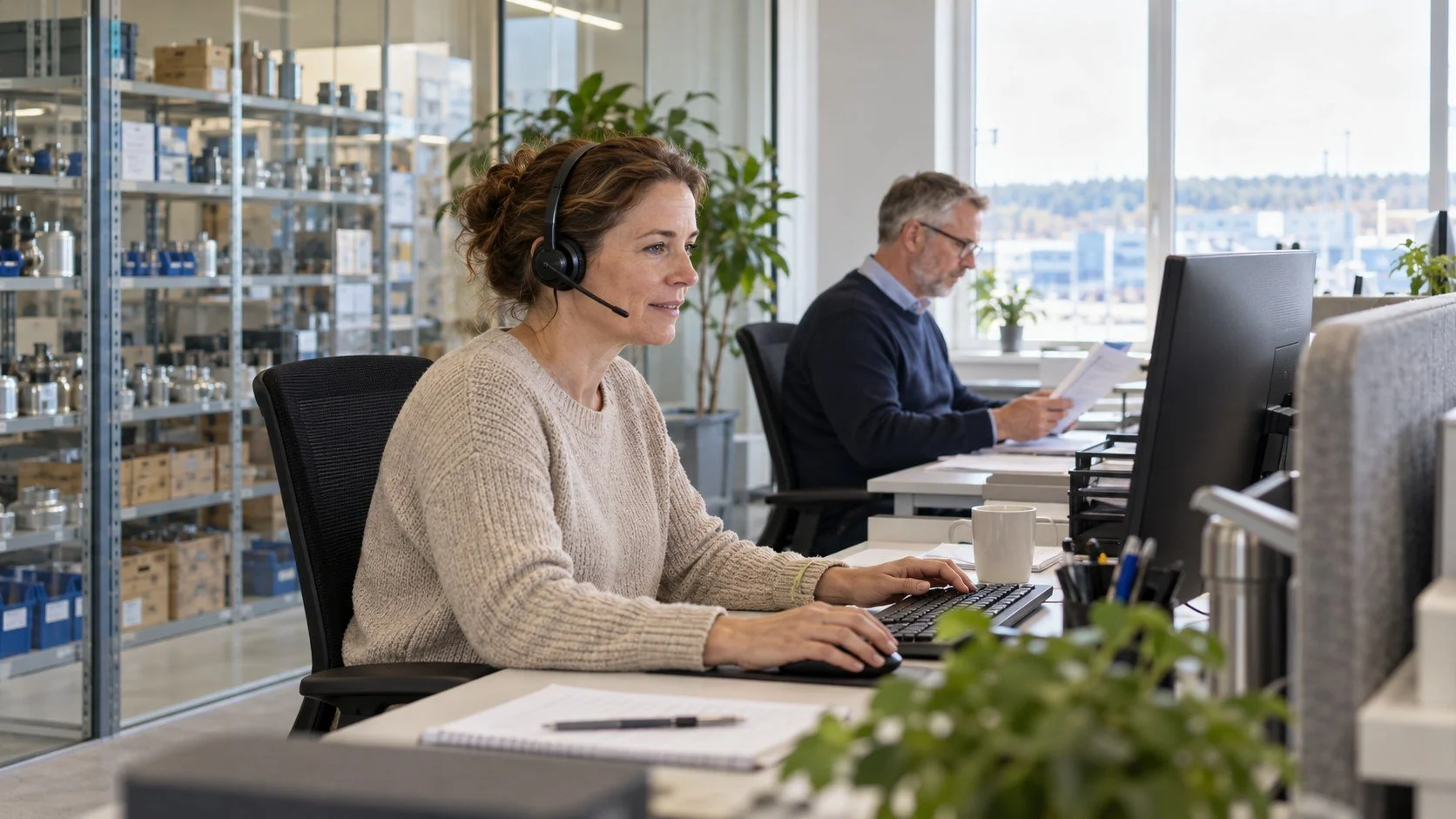 Kundservicemedarbetare arbetar i ett ljust kontor intill företagets lager