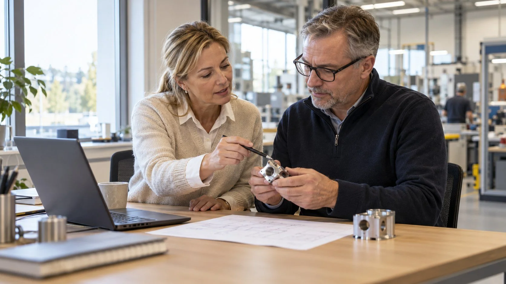 Innesälj och teknisk specialist granskar kundens underlag i ett svenskt industrikontor