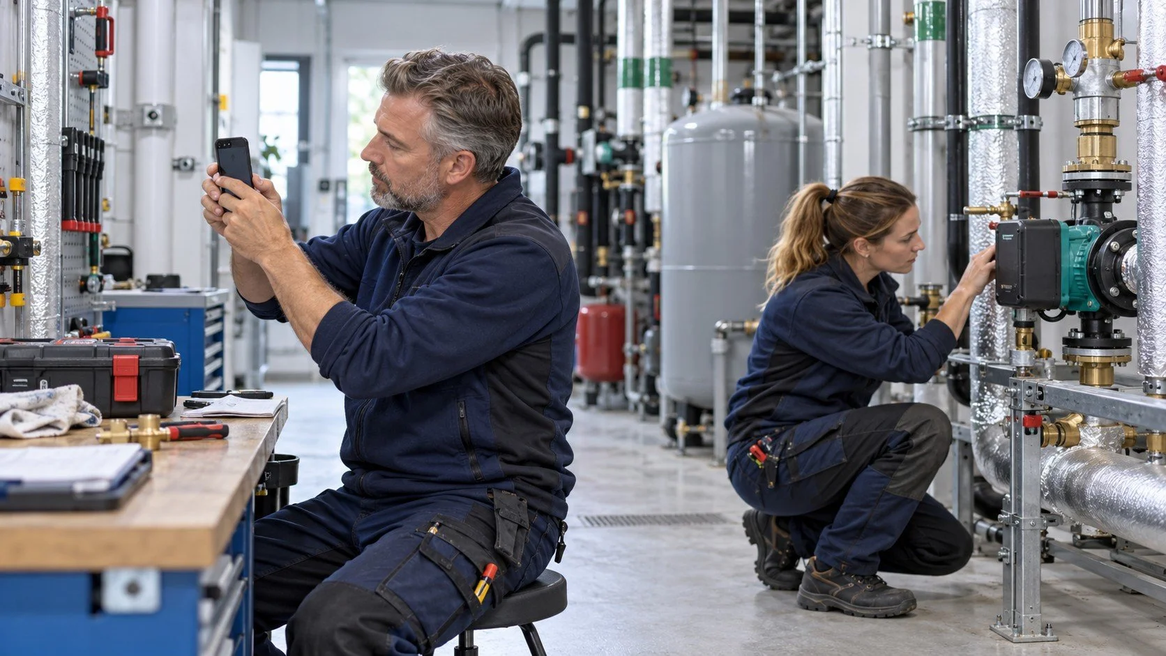 Två servicetekniker dokumenterar och kontrollerar utrustning i ett teknikrum