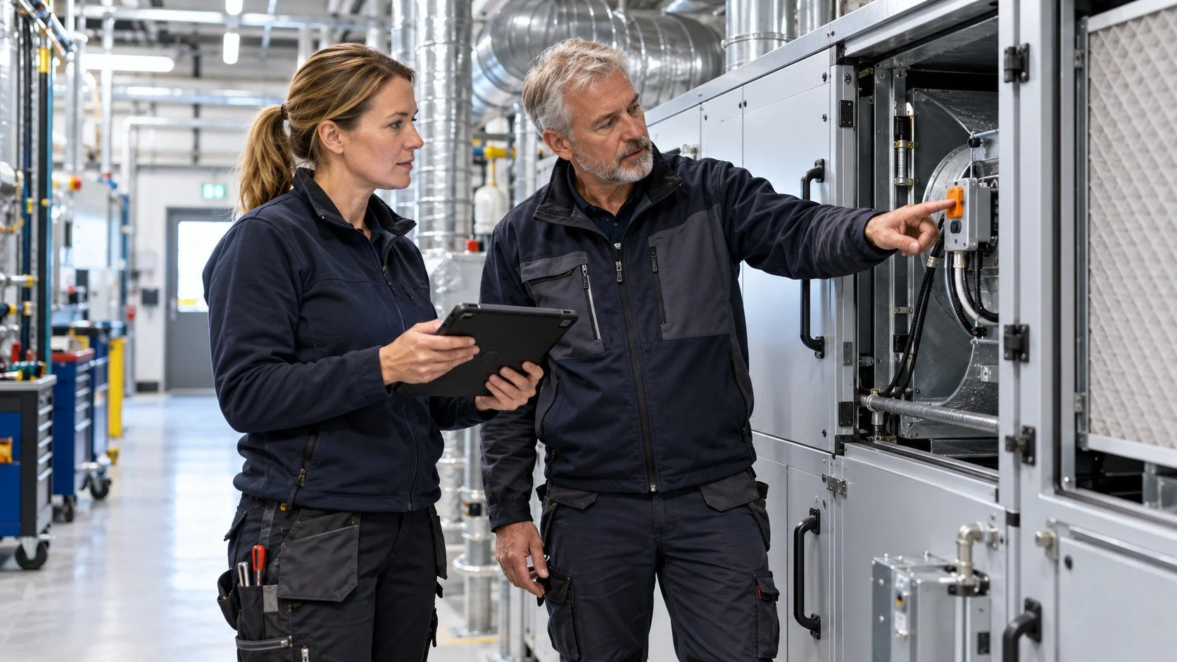 Servicetekniker går igenom ett ventilationsaggregat inför planerat underhåll