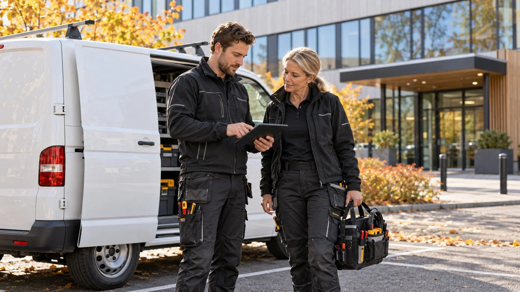 Två tekniker går igenom dagens uppdrag vid en servicebil