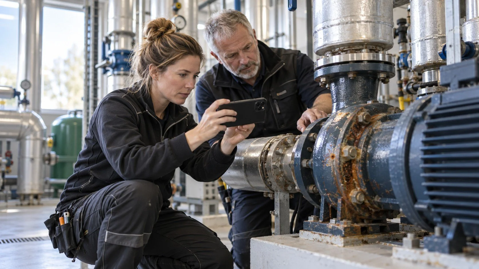 Servicetekniker dokumenterar en upptäckt brist på en pump med mobilen