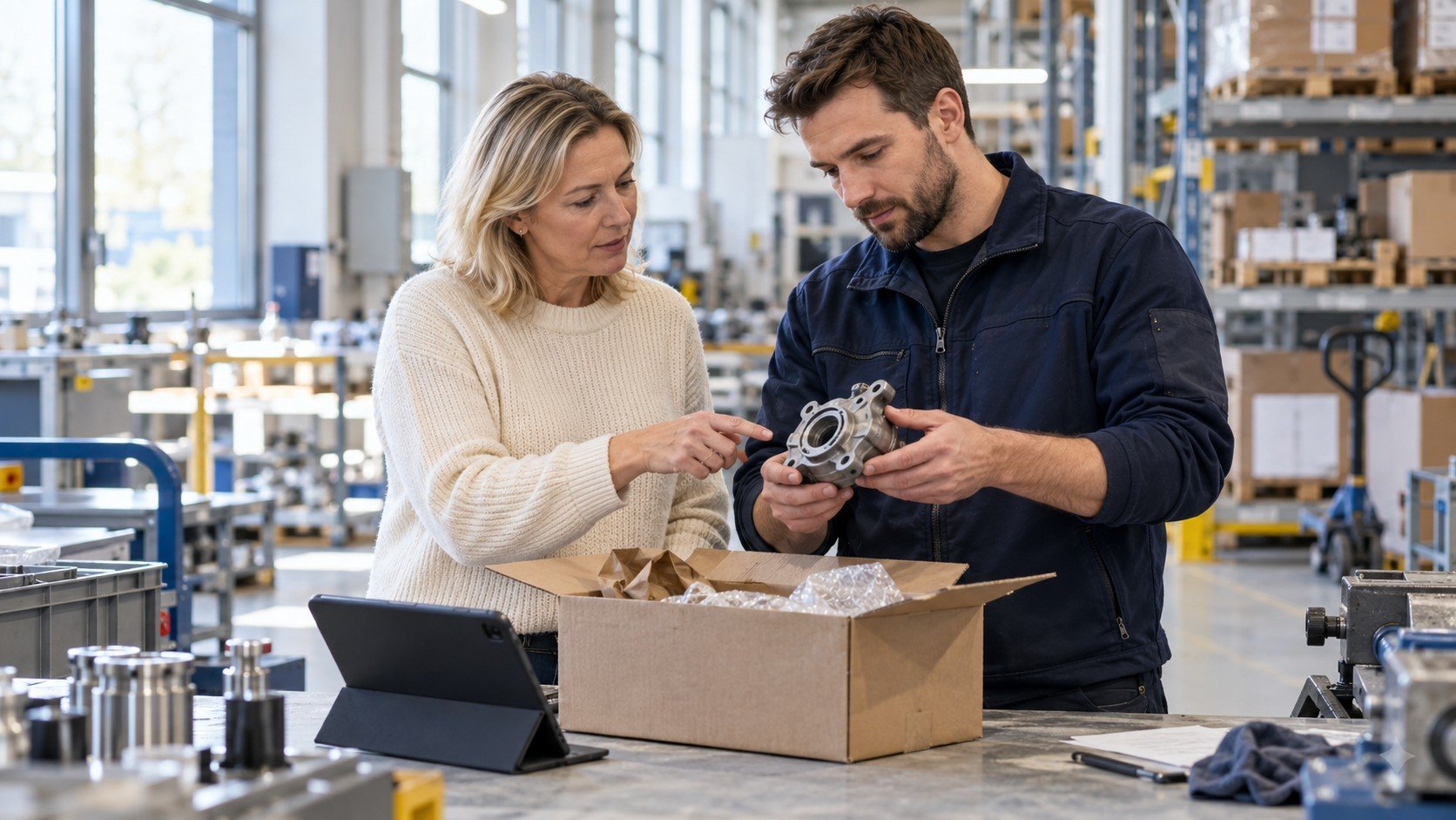 Kundservice och en teknisk kollega undersöker en returnerad industrikomponent vid en arbetsbänk