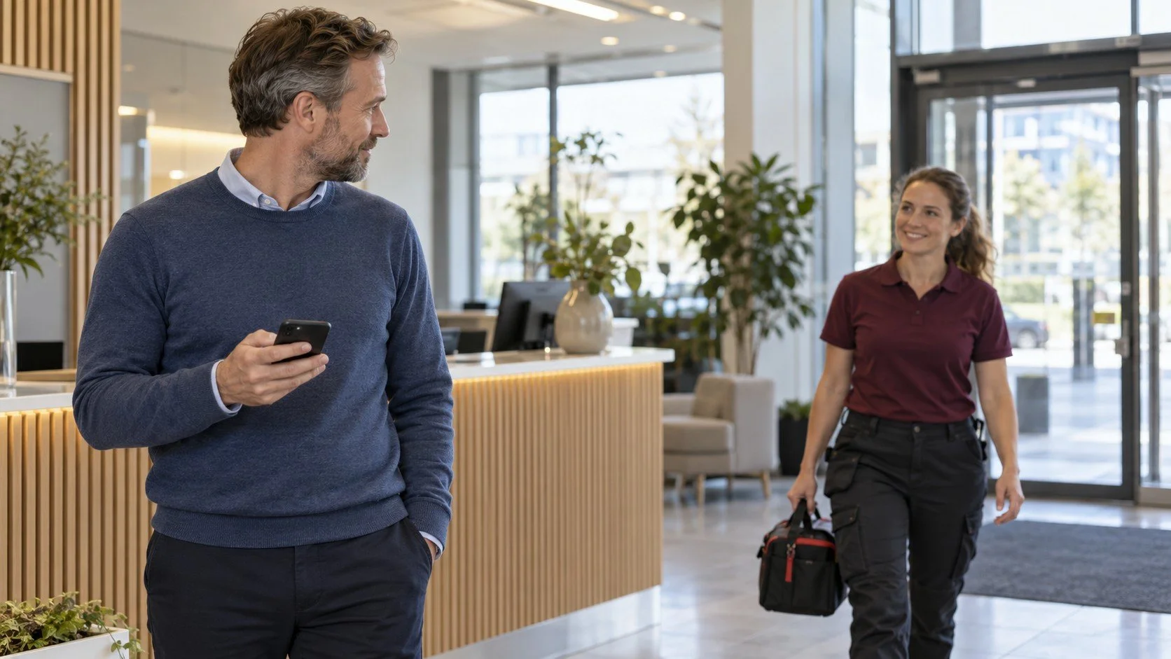 Fastighetsansvarig kontrollerar sin telefon i receptionen när serviceteknikern anländer.