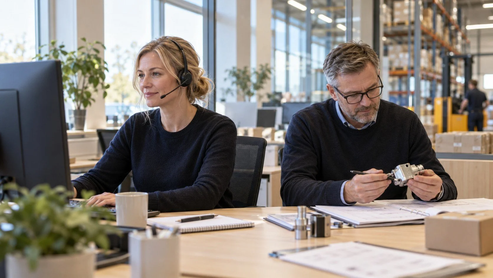 Innesäljare och teknisk kollega arbetar med en kundförfrågan i ett ljust kontor intill lagret