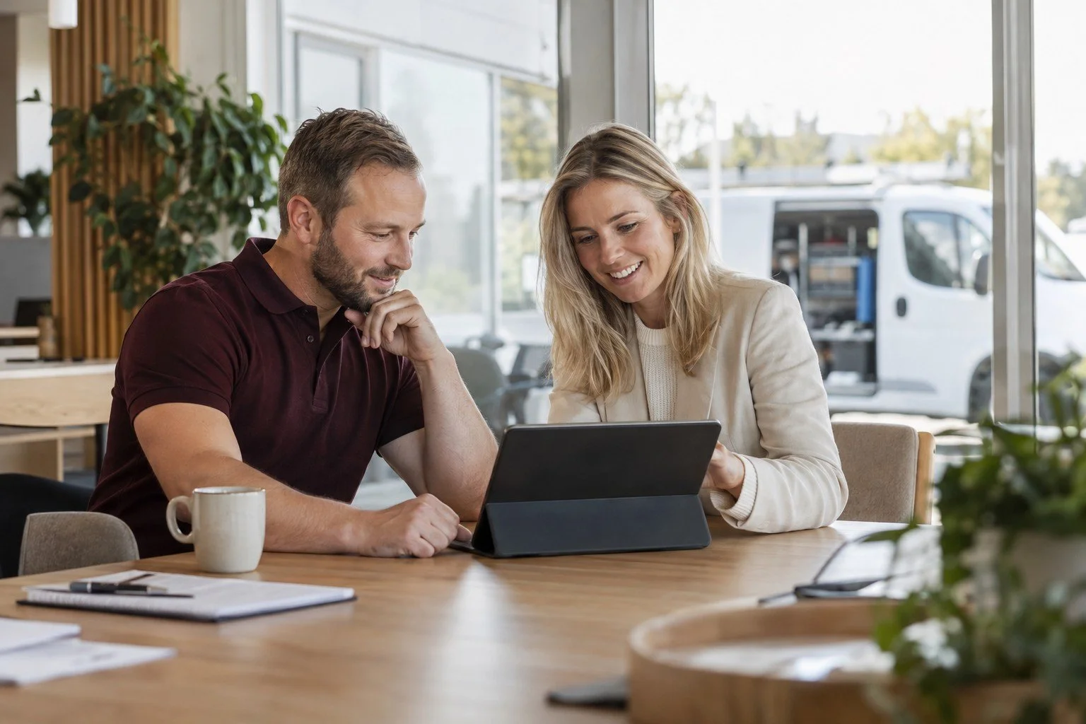 Tekniker och kundansvarig går igenom ett installationsuppdrag tillsammans