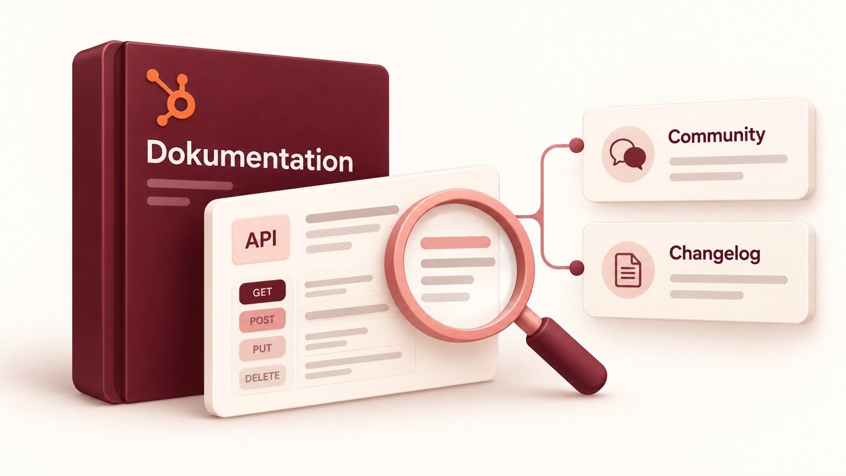 Illustration av dokumentation, en förstoringslins och kort för HubSpot Community och changelog.