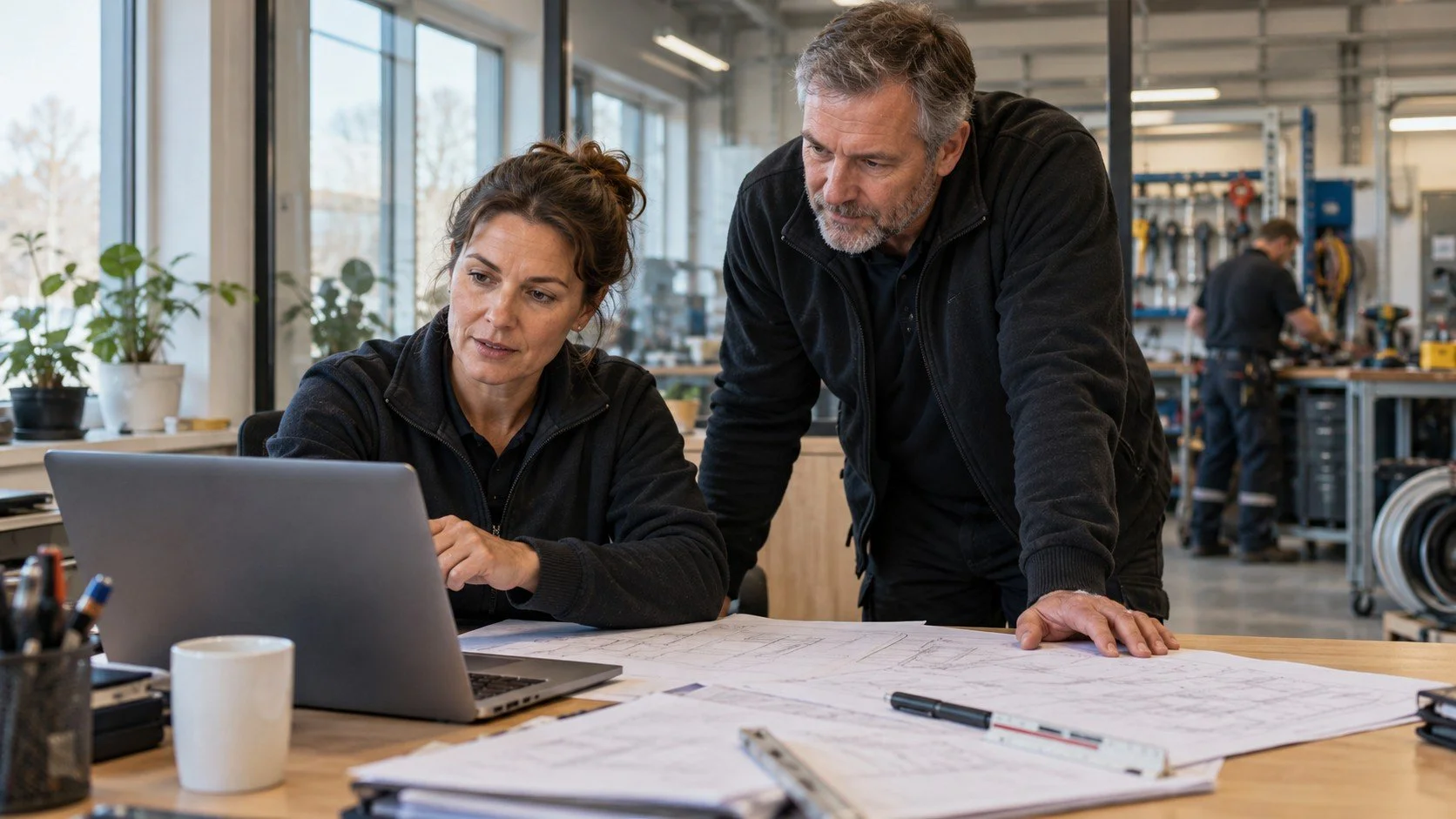 Installationsföretagets ledning går igenom system och arbetsrutiner på kontoret