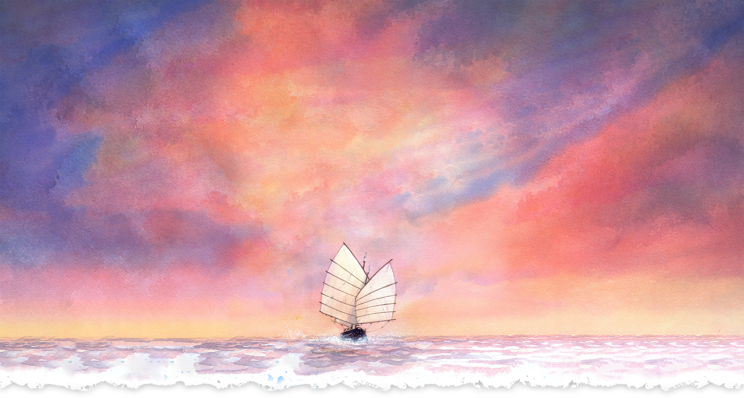 Watercolour sailing boat on a pink sea beneath a sunset sky