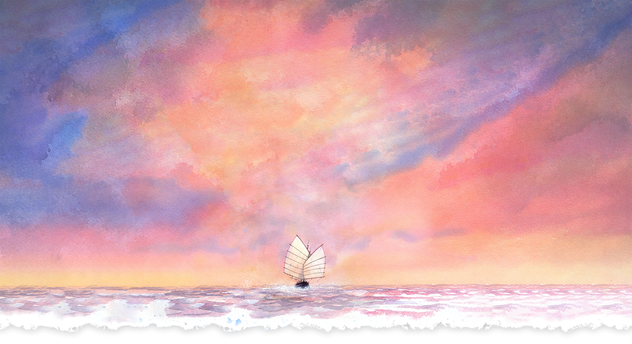 Watercolour sailing boat on a pink sea beneath a sunset sky