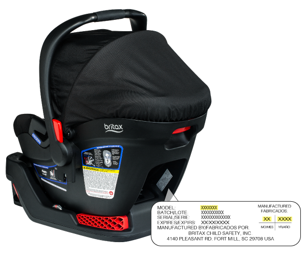 Graphic Pointing to the manufacture label on the underside of the infant car seat