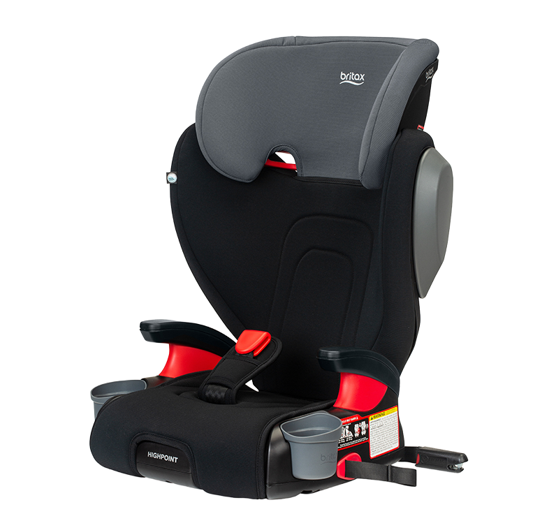 Black Belt Positioning booster seat with a dark grey headrest