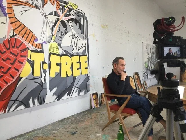 An artwork of David Salle's, with figures in color on the left and a single woman drawn in black-and-white on the right.