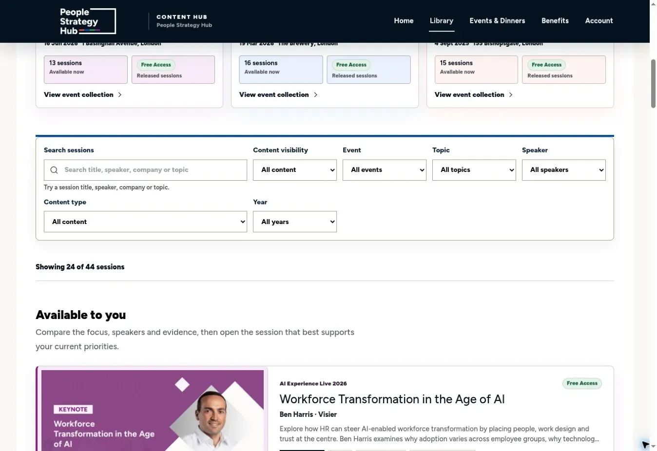 The live People Strategy Hub library showing search, filters and recorded sessions