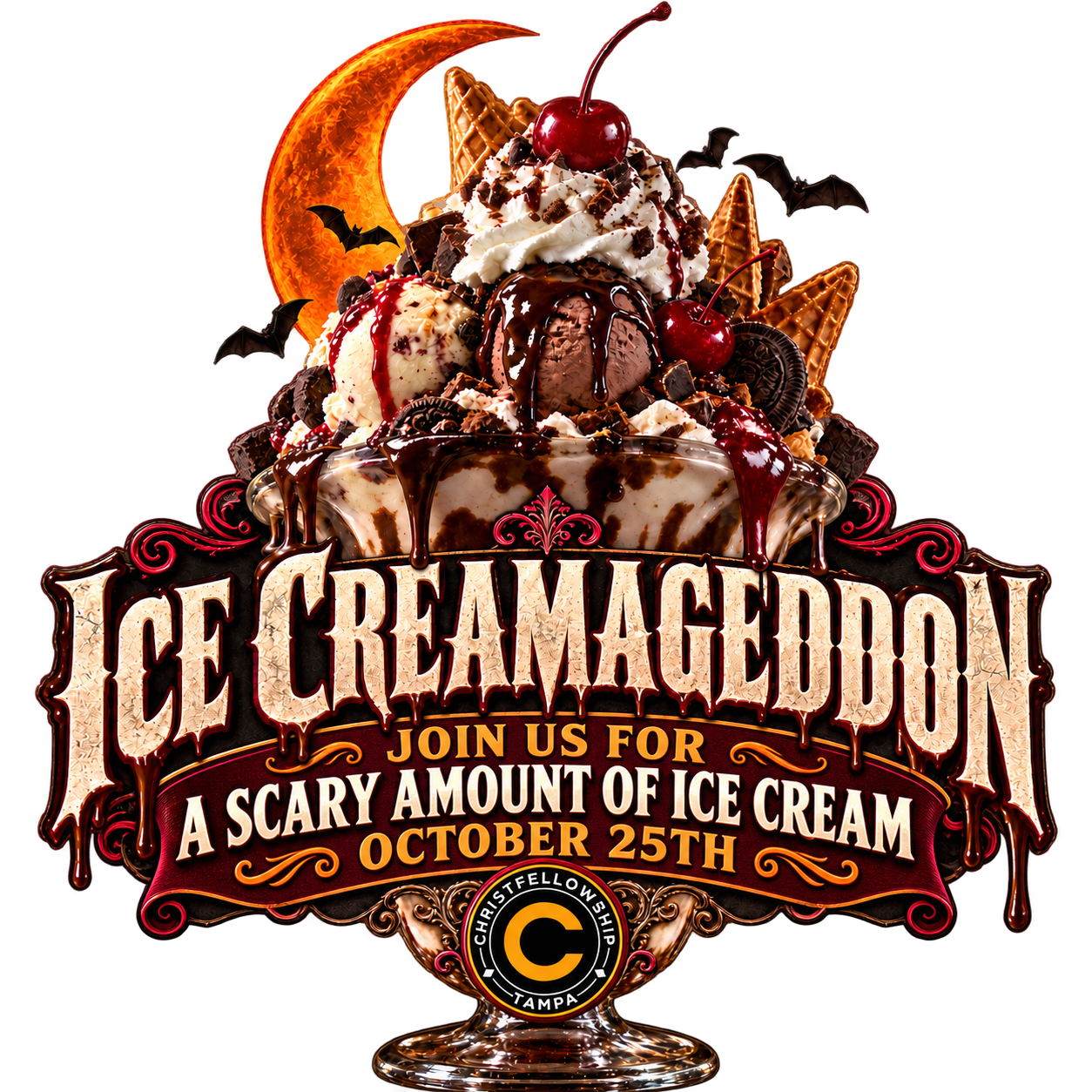 Ice CreamAgeddon event graphic with ice cream, toppings, and October 25 date