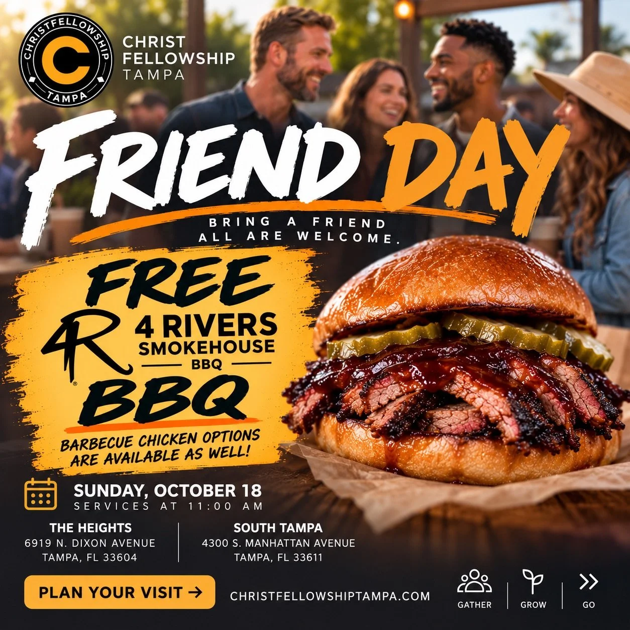 Friend Day event graphic with friends and free 4 Rivers Smokehouse BBQ on October 18