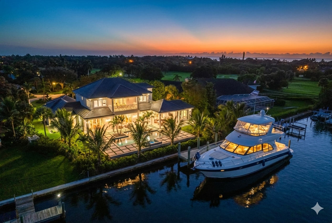Twilight on a Vero Beach waterfront home overlooking the Intracoastal.