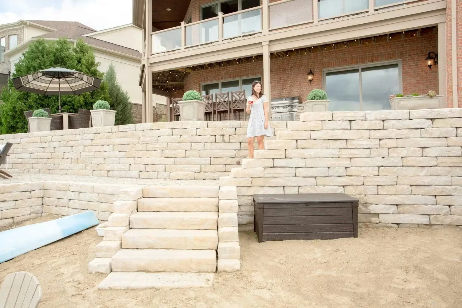 Kodah retaining wall blocks, snapped-limestone texture, installed in Birmingham landscape project