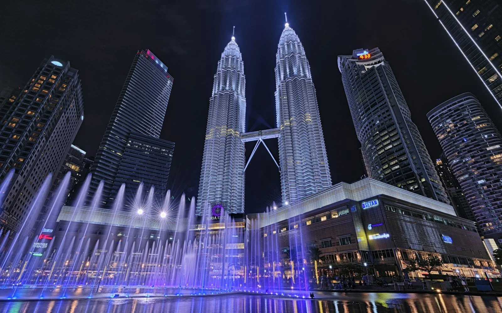 The Petronas Towers lit up at night, Kuala Lumpur