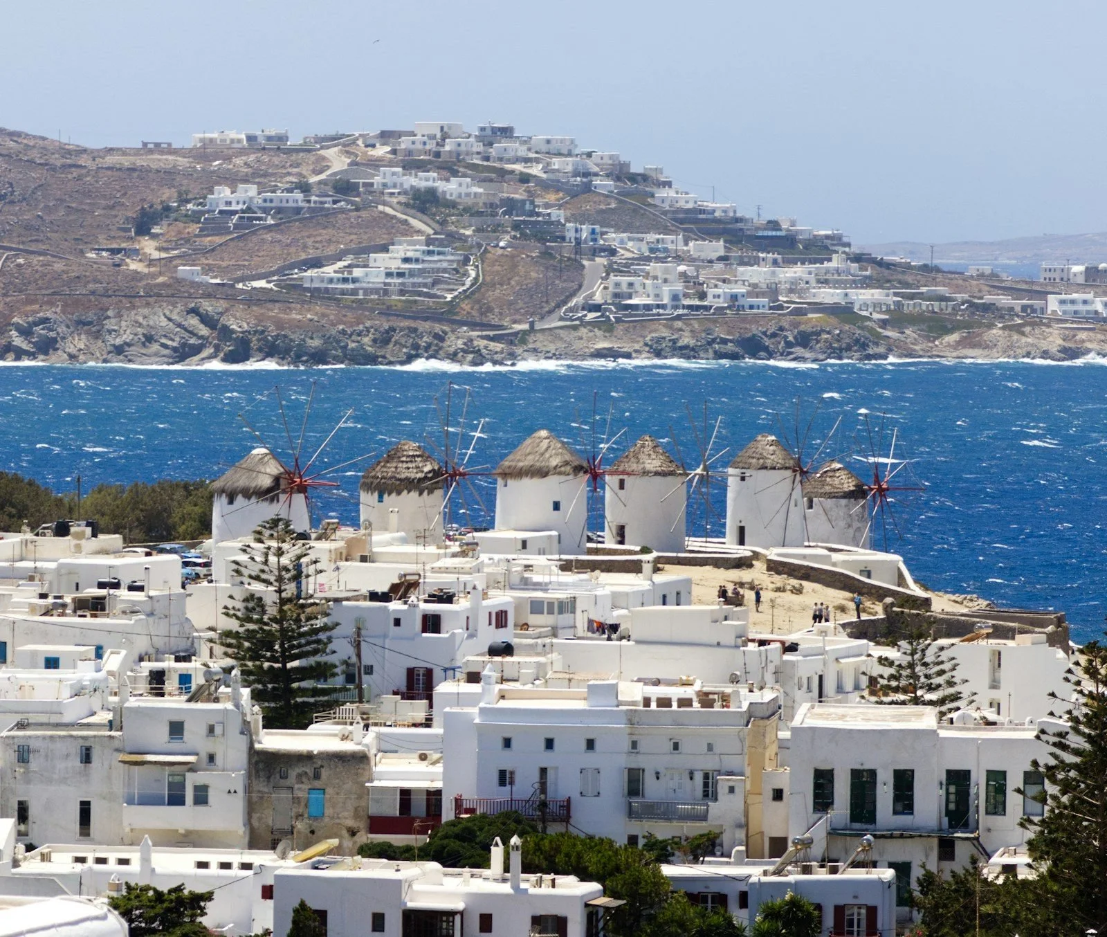The famous row of windmills above Mykonos town