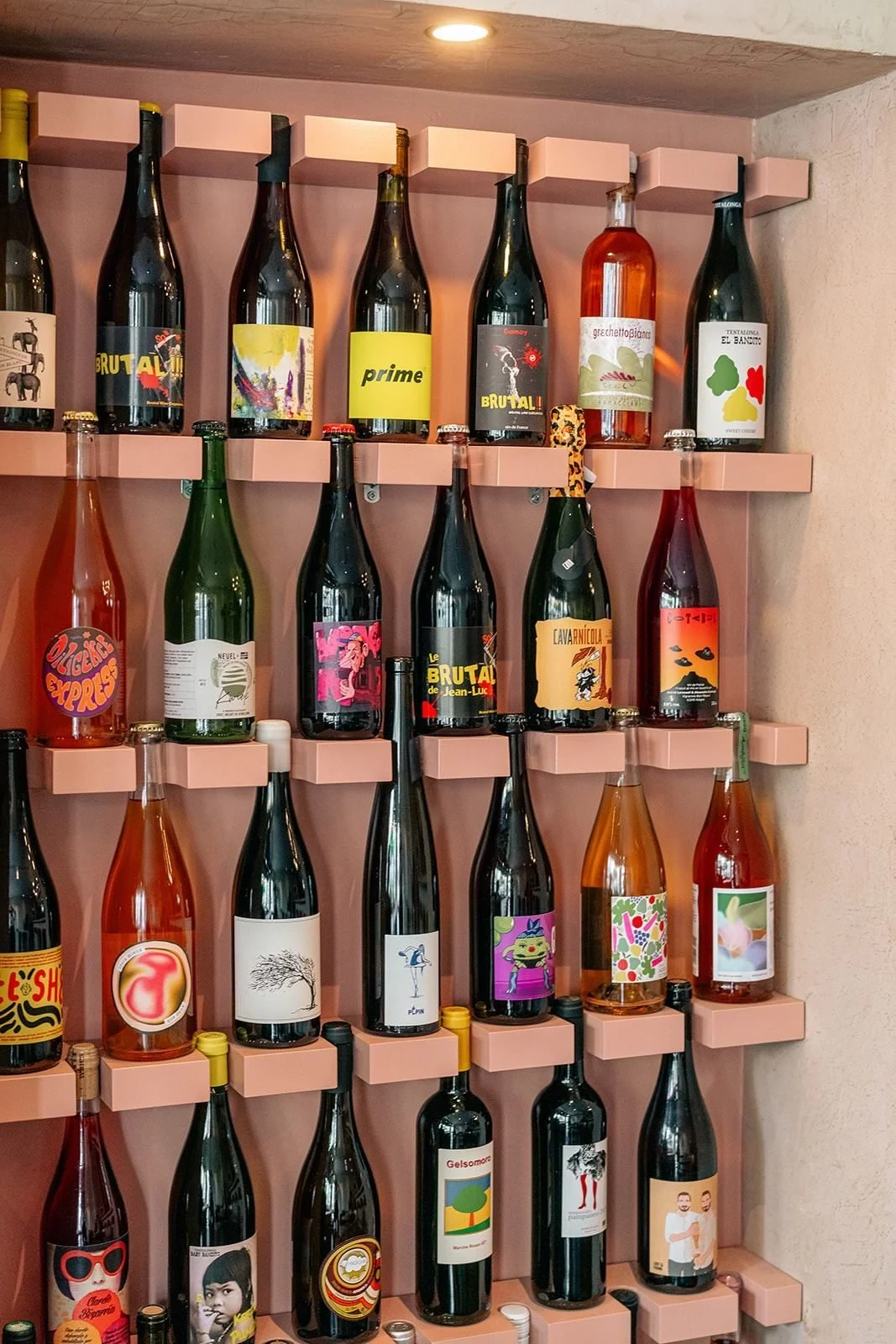 Wall of natural wines for sale in Ghent