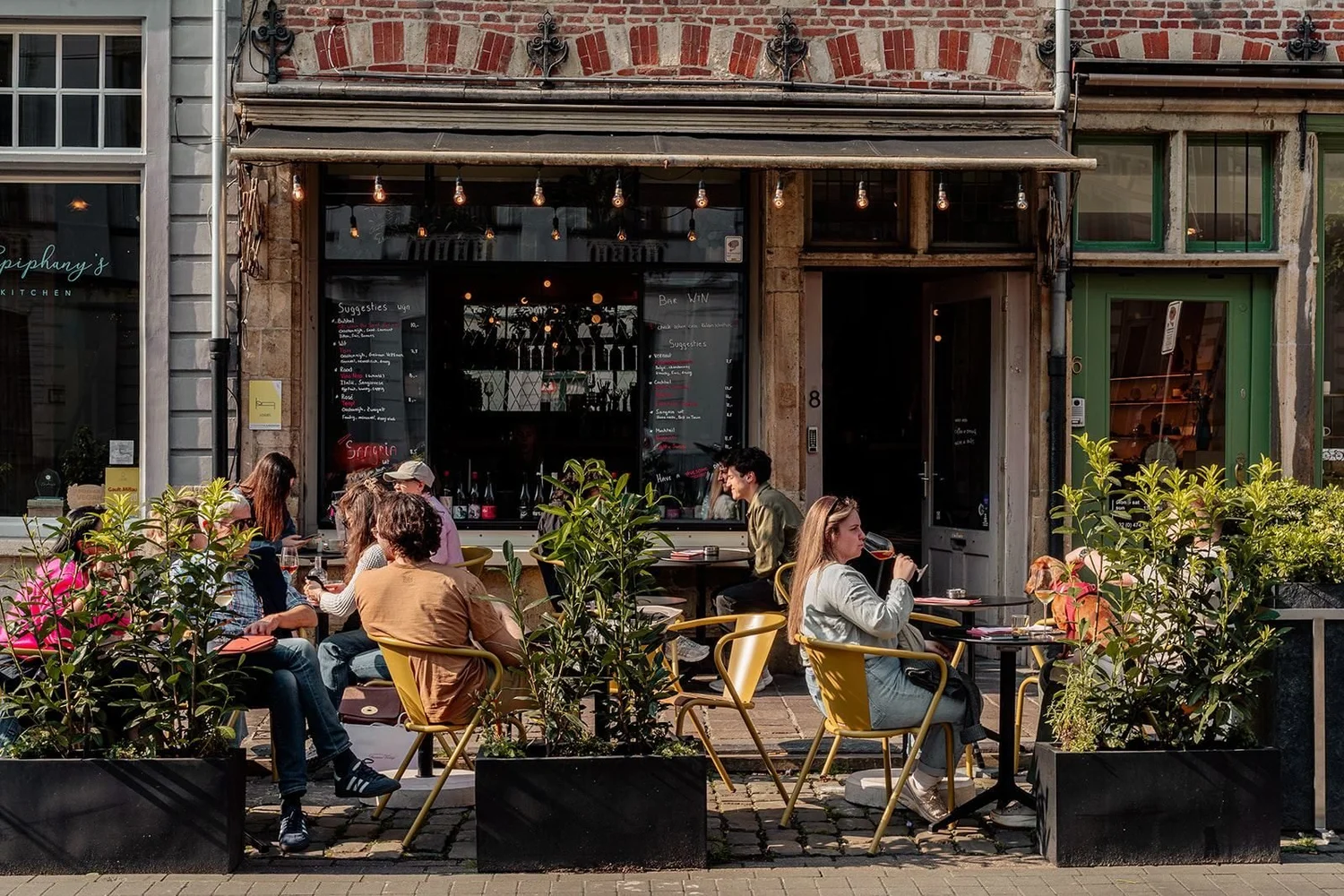 Terrace of wine bar Win on Burgstraat in Ghent