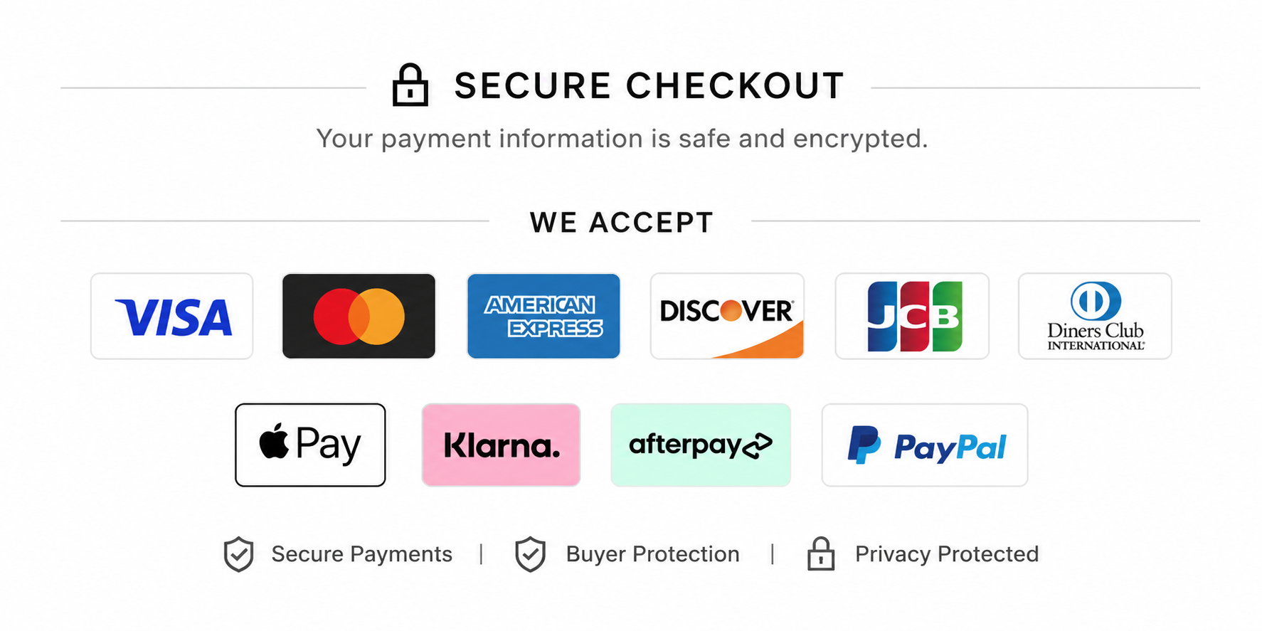 Secure Checkout - We Accept Visa, Mastercard, Amex, Discover, JCB, Diners Club, Apple Pay, Klarna, Afterpay, PayPal