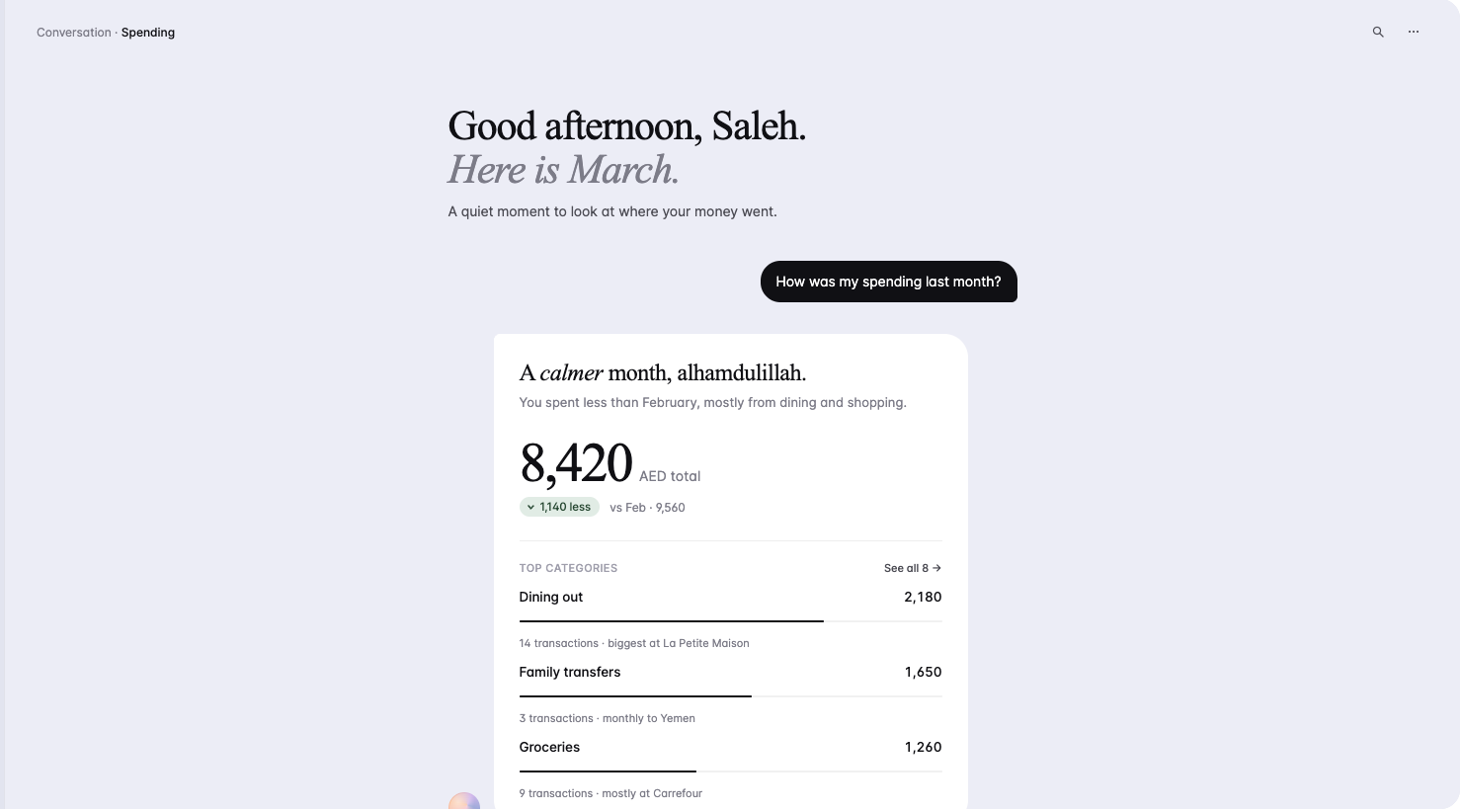 Data-first concept: analytical summary with conversation secondary