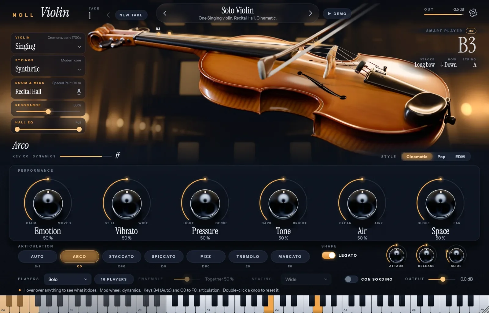 The NØLL Violin window: a 3D violin on a dark stage, the Smart Player reading B3, and gold knobs for Emotion, Vibrato, Pressure, Tone, Air and Space.