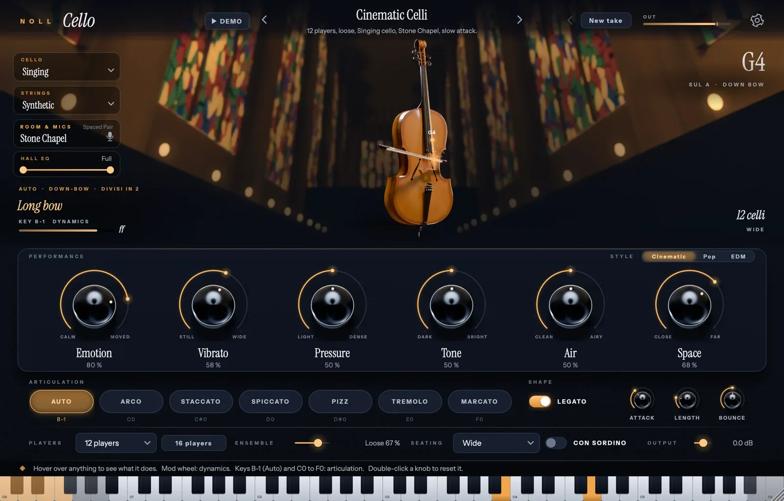 The NØLL Cello window: a 3D cello standing upright on a dark stage, the Cinematic Celli preset with 12 players on the Singing cello in the Stone Chapel room, the Smart Player playing a long bow, and gold knobs for Emotion, Vibrato, Pressure, Tone, Air and Space.