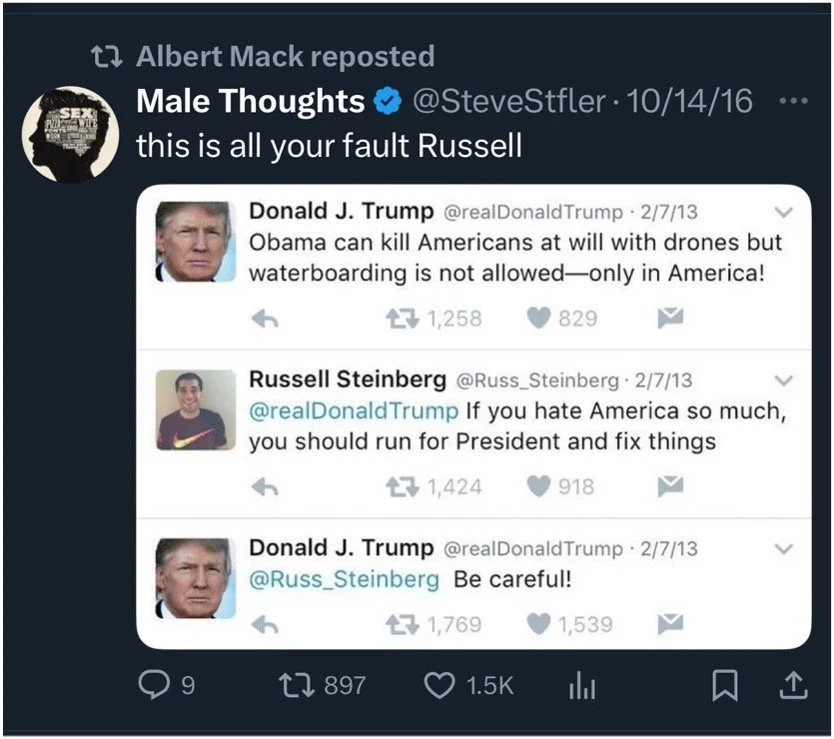 Albert Mack repost of anti-Trump tweet exchange
