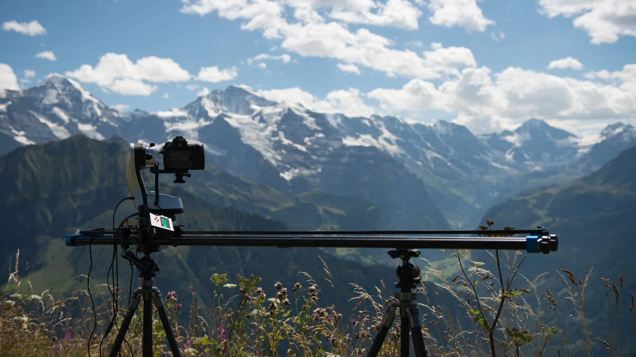 Dynamic Perception motion control timelapse slider set up in the mountains