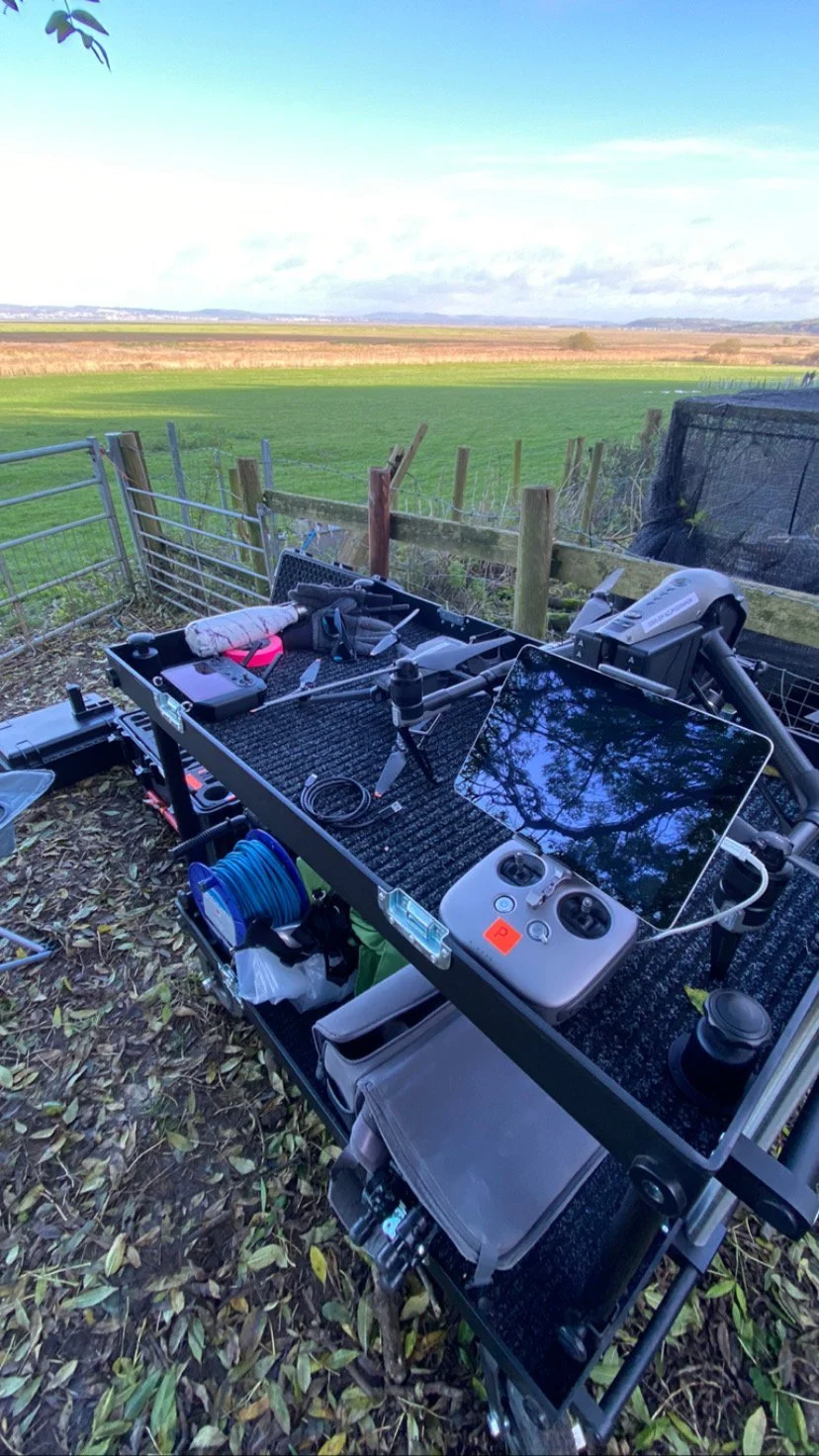 DJI Inspire 2 kit on a camera cart: controllers, iPads and batteries ready for a shoot