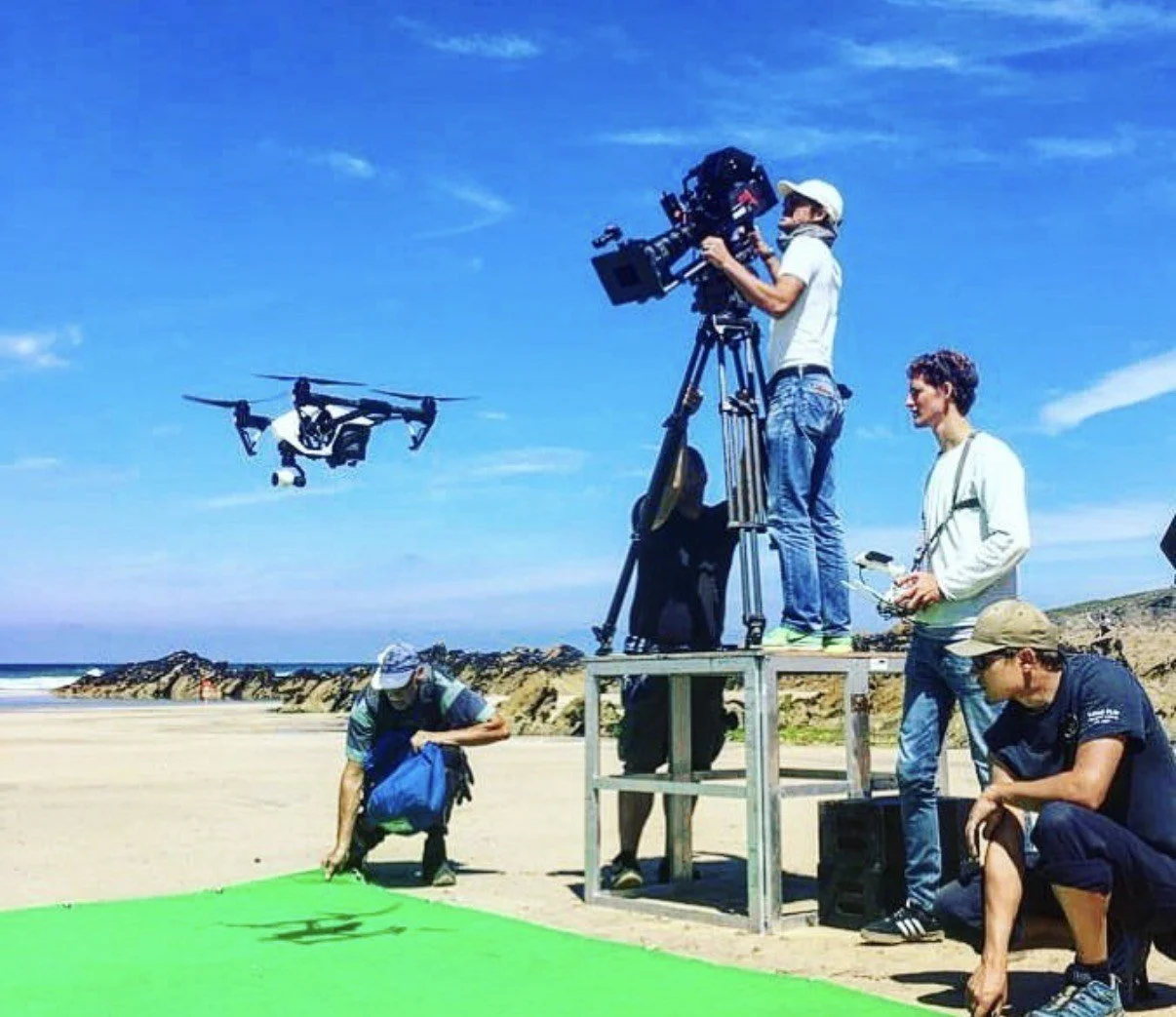 Prop drone hovering beside the camera crew on the Rosamunde Pilcher beach set
