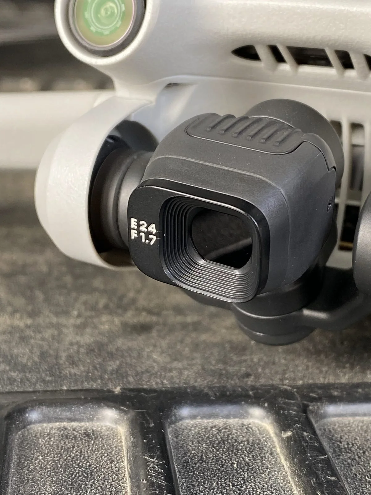 Close-up of the camera and gimbal on a sub-250g DJI Mini drone