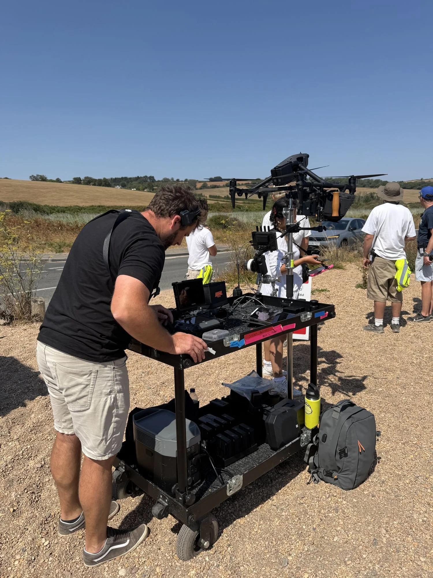 Light Colour Sound drone crew on set, prepping the DJI Inspire 3 on a camera cart for a TV shoot