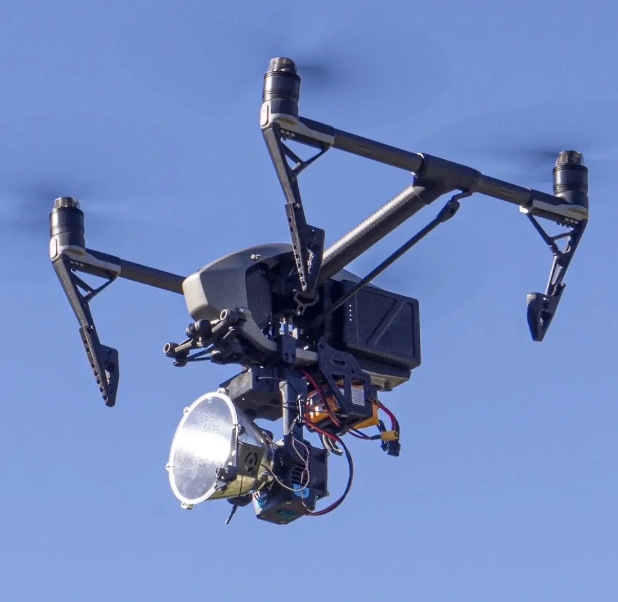 DJI Inspire 2 flying with a compact 150W LED light module