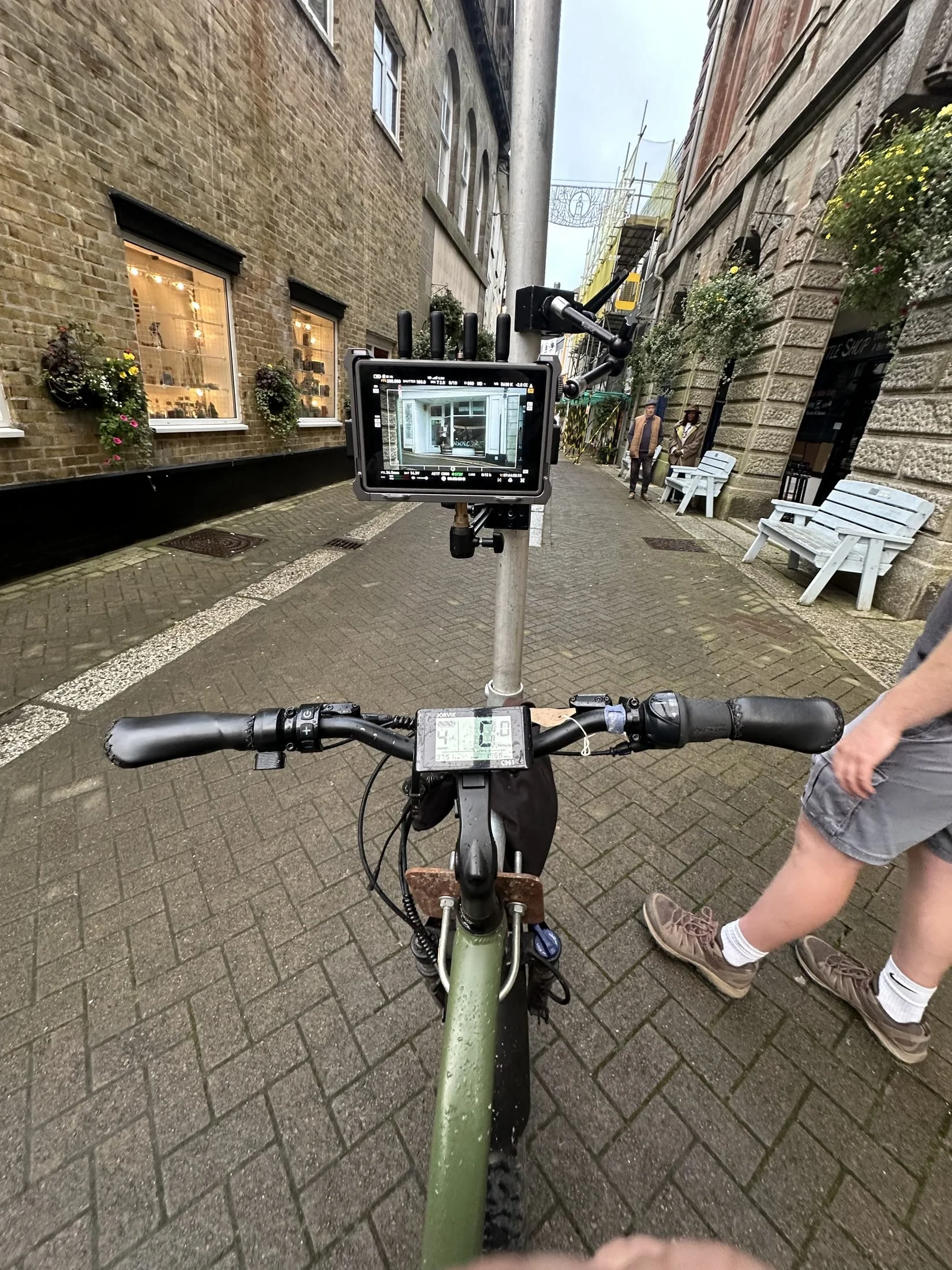 Precision rider's view of the monitor and handlebars on the cine-trike