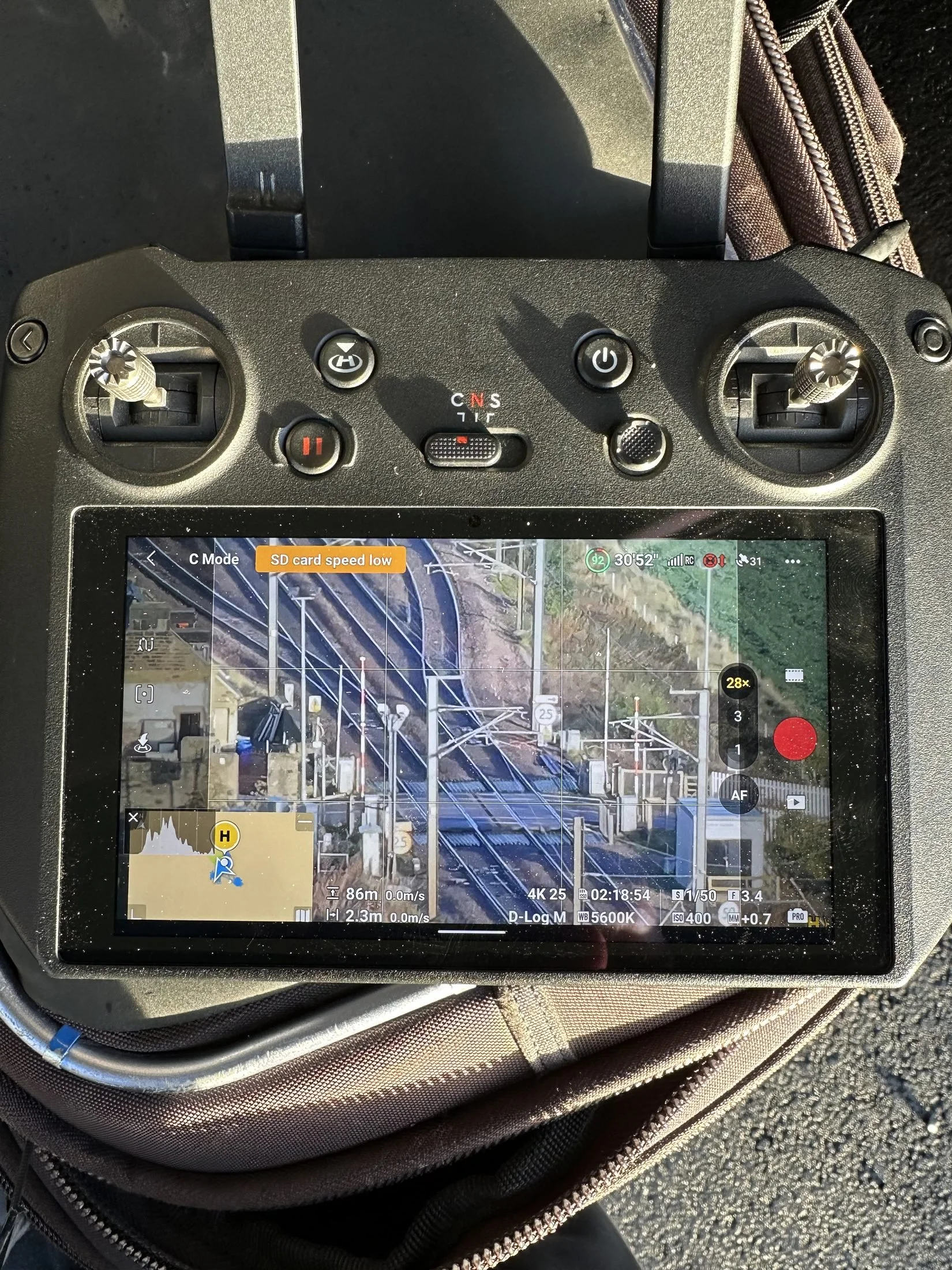 DJI Mavic controller screen during a railway filming job