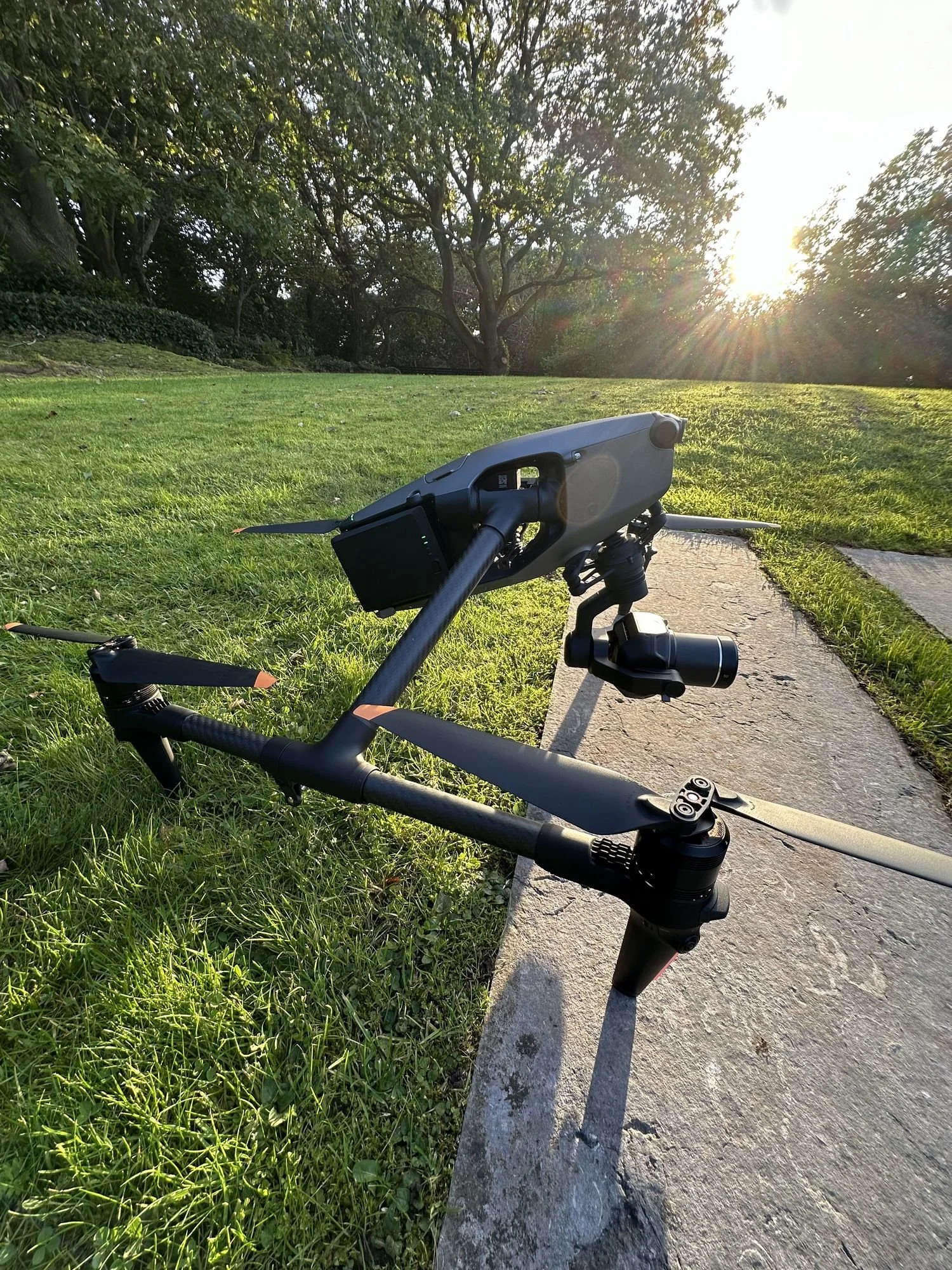 DJI Inspire 3 drone with Zenmuse X9 camera on location at golden hour