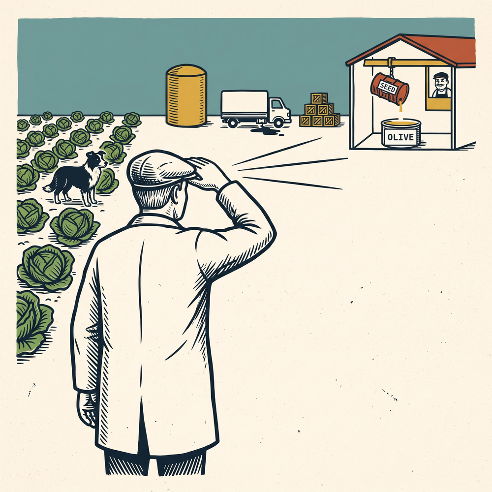 Linocut: an inspector shades his eyes and scans a supply chain on the horizon — a cabbage field with a collie, a silo, a lorry, crates and an open factory where a drum marked SEED tips oil toward a vat marked OLIVE, the stream not yet touching